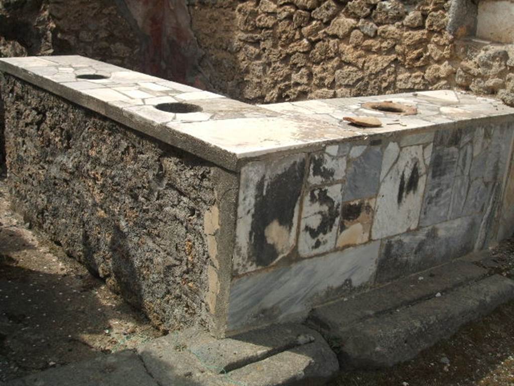 IX.7.24 Pompeii. May 2005. 
Marble encrusted two-sided sales counter, inset with three small urns. Looking south-west.
According to Mau, the street door was furnished with a threshold of lava, which closed in the usual manner.
There was also a small door, on the left, to enter by.
The flooring was good opus signinum showing rows of white stones embedded in the crushed brick or tile.
See Mau in BdI, 1882, (p.148)