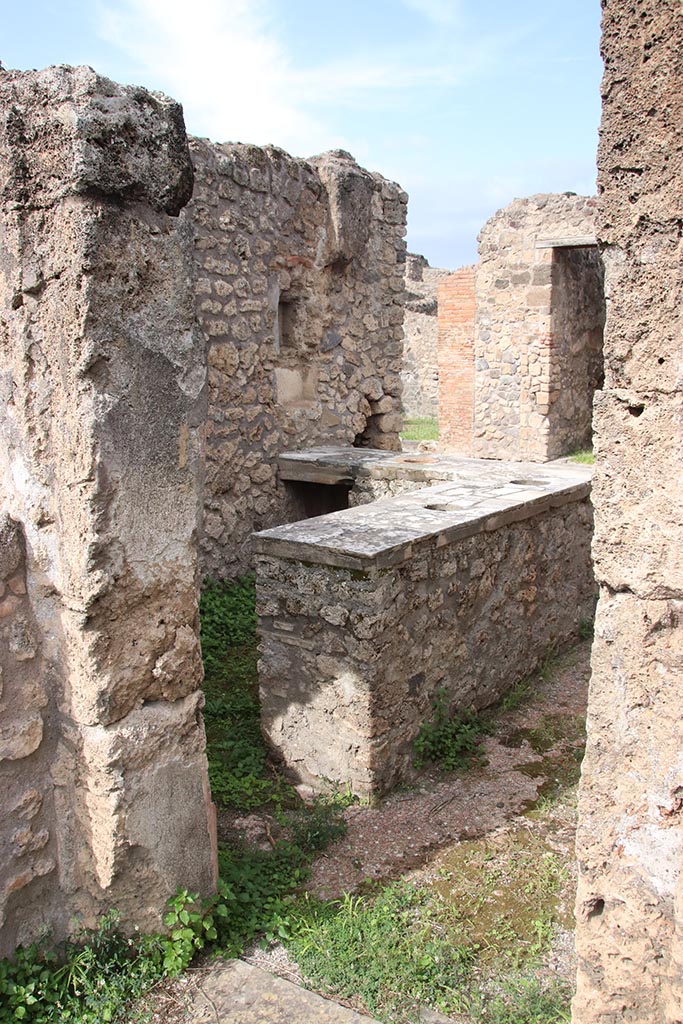 IX.7.24 Pompeii. October 2024.
Looking north-west through doorway from atrium of IX.7.25 towards rear of counter.
Photo courtesy of Klaus Heese.