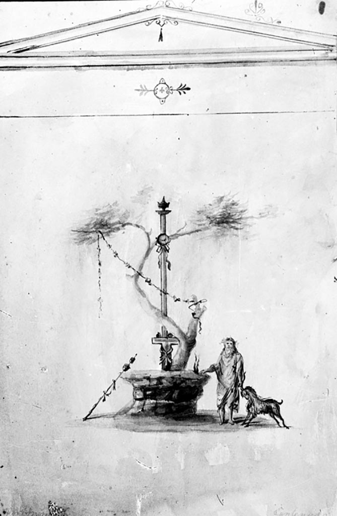 IX.8.6 Pompeii. W.1457. Room 36, drawing of sacred landscape.
According to Bragantini, this vignette was painted on the east wall.  
See Bragantini, de Vos, Badoni, 1986. Pitture e Pavimenti di Pompei, Parte 3. Rome: ICCD. (p.529)
This is described as a sacrifice scene with Silenus leading a reluctant goat beneath a column topped by an urn.
Photo by Tatiana Warscher. Photo © Deutsches Archäologisches Institut, Abteilung Rom, Arkiv.
