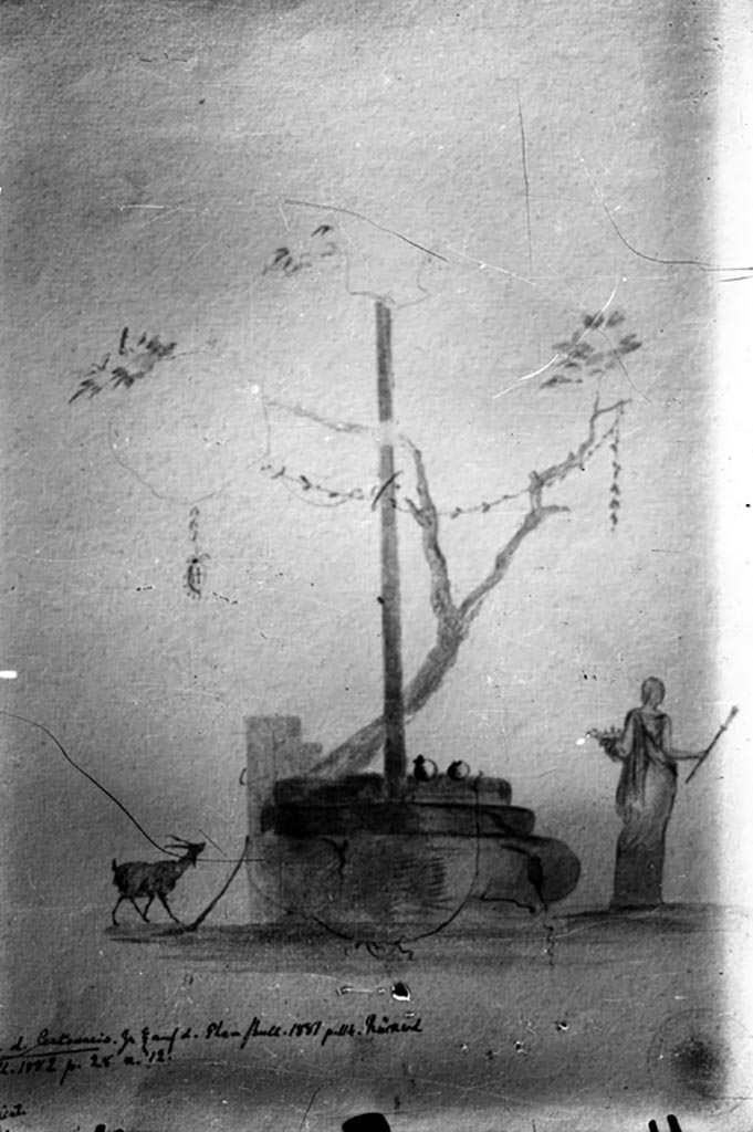 IX.8.6 Pompeii. W.1468. Room 36, drawing of sacred landscape.
According to Bragantini, this vignette was painted on the south wall, in the central panel.  
See Bragantini, de Vos, Badoni, 1986. Pitture e Pavimenti di Pompei, Parte 3. Rome: ICCD. (p.529)
This is described as a sacrifice scene with a female figure holding a plate and a torch near an altar with column, tree without foliage and a goat.
Photo by Tatiana Warscher. Photo © Deutsches Archäologisches Institut, Abteilung Rom, Arkiv.