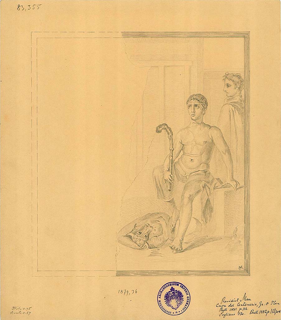 IX.8.6 Pompeii. 1879. Room 38, triclinium, north wall. Drawing by A. Sikkard of wall painting of Theseus and the Minotaur.
DAIR 83.355. Photo © Deutsches Archäologisches Institut, Abteilung Rom, Arkiv.