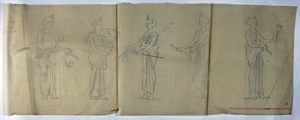 IX.8.6 Pompeii. Drawing by Geremia Discanno, of painted panel showing five of the Egyptian styled women seen on a black background.
He drew fourteen of the twenty-two figures which decorated the centre of the black panels of the middle area of walls of the room. 
Now in Naples Archaeological Museum. Inventory number ADS 1108.
Photo © ICCD. http://www.catalogo.beniculturali.it
Utilizzabili alle condizioni della licenza Attribuzione - Non commerciale - Condividi allo stesso modo 2.5 Italia (CC BY-NC-SA 2.5 IT)