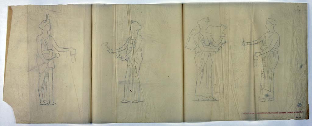 IX.8.6 Pompeii. Drawing by Geremia Discanno, of painted panel showing four of the Egyptian styled women seen on a black background.
He drew fourteen of the twenty-two figures which decorated the centre of the black panels of the middle area of walls of the room. 
Now in Naples Archaeological Museum. Inventory number ADS 1106.
Photo © ICCD. http://www.catalogo.beniculturali.it
Utilizzabili alle condizioni della licenza Attribuzione - Non commerciale - Condividi allo stesso modo 2.5 Italia (CC BY-NC-SA 2.5 IT)