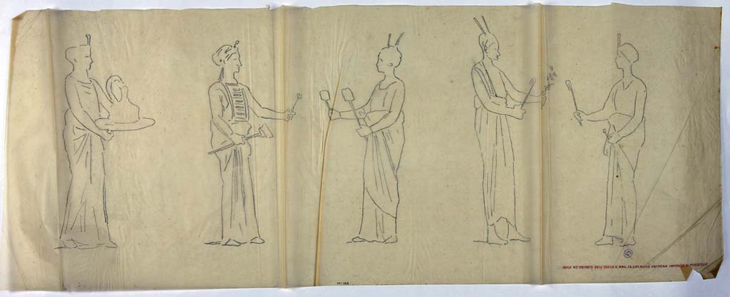 IX.8.6 Pompeii. Drawing by Geremia Discanno, of painted panel showing five of the Egyptian styled women seen on a black background.
He drew fourteen of the twenty-two figures which decorated the centre of the black panels of the middle area of walls of the room. 
Now in Naples Archaeological Museum. Inventory number ADS 1107.
Photo © ICCD. http://www.catalogo.beniculturali.it
Utilizzabili alle condizioni della licenza Attribuzione - Non commerciale - Condividi allo stesso modo 2.5 Italia (CC BY-NC-SA 2.5 IT)