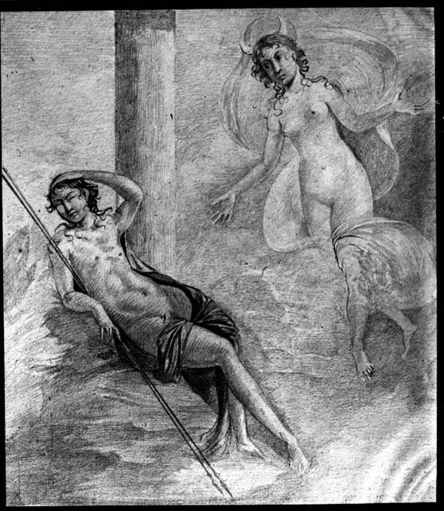 IX.8.6 Pompeii. W.1465. Room 39, drawing of wall painting of Endymion and Selene.  
Photo by Tatiana Warscher. Photo © Deutsches Archäologisches Institut, Abteilung Rom, Arkiv.