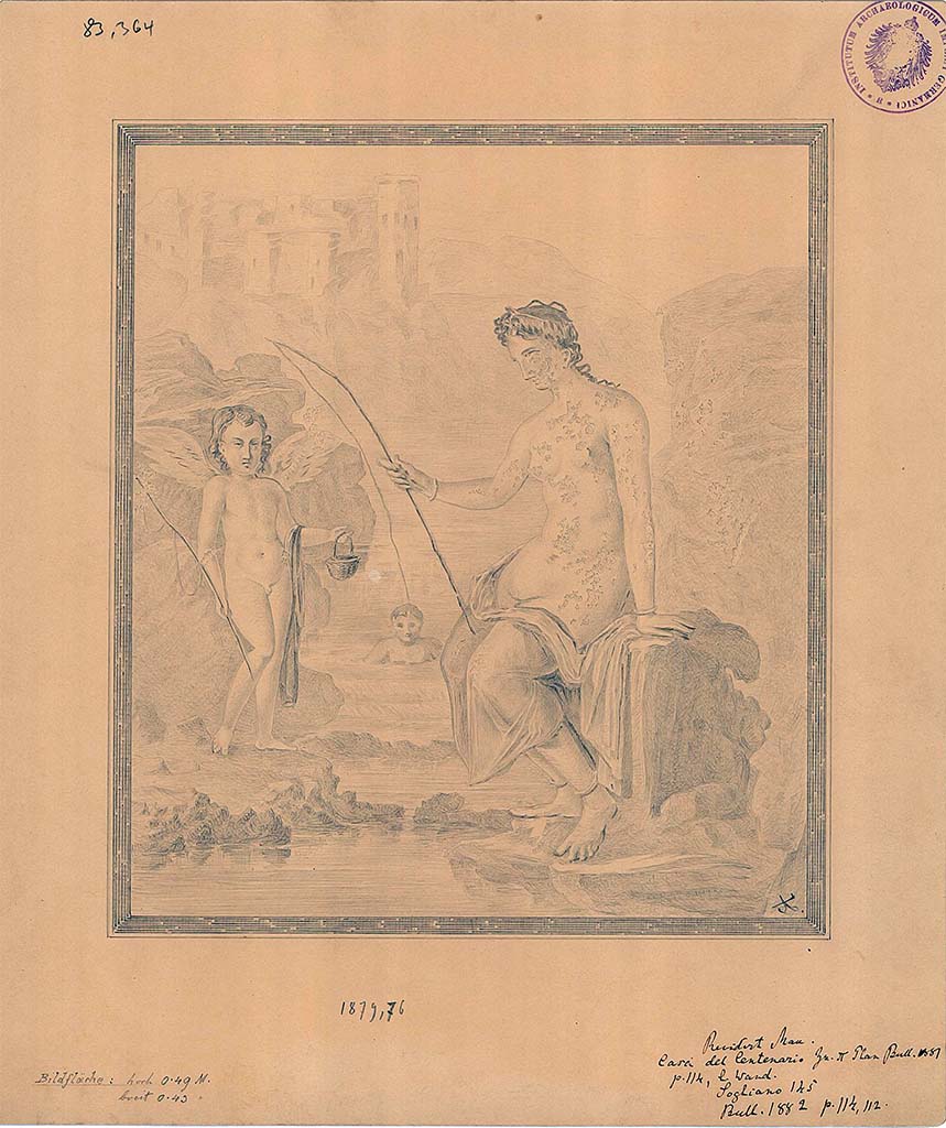 IX.8.6 Pompeii. 1879. Room 39, drawing by A. Sikkard of wall painting of Venus fishing.
DAIR 83.364. Photo © Deutsches Archäologisches Institut, Abteilung Rom, Arkiv.