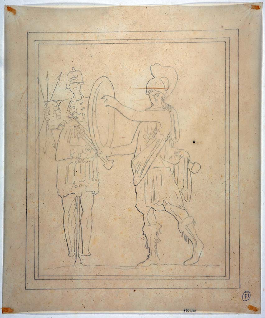 IX.8.6 Pompeii. Drawing by Geremia Discanno, of painting seen in centre of south wall of room to the left of the atrium. 
The drawing depicts an armed warrior, with helmet and sword over his shoulder, who approaches with a round shield to a trophy. 
The painting has now faded and disappeared.
Now in Naples Archaeological Museum. Inventory number ADS 1102.
Photo © ICCD. http://www.catalogo.beniculturali.it
Utilizzabili alle condizioni della licenza Attribuzione - Non commerciale - Condividi allo stesso modo 2.5 Italia (CC BY-NC-SA 2.5 IT)