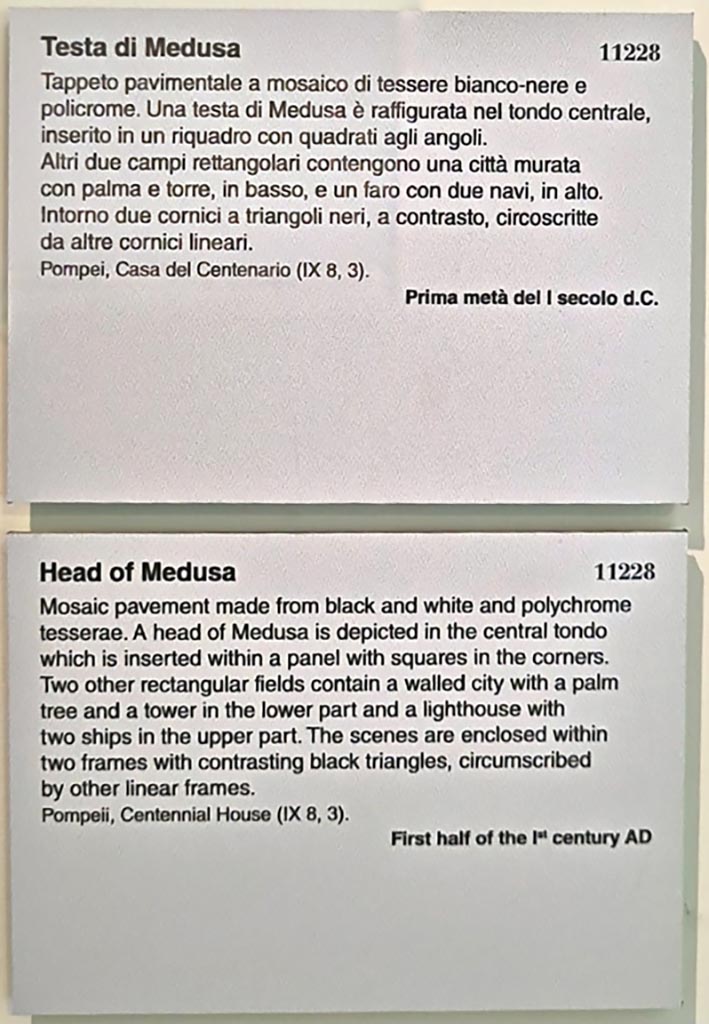 IX.8.6 Pompeii. September 2024. 
Information card in Naples Archaeological Museum. Photo courtesy of Giuseppe Ciaramella.