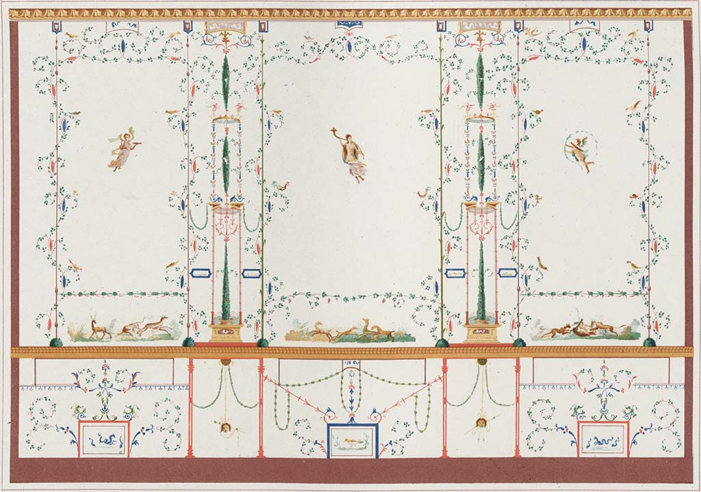 IX.8.6 Pompeii. Room 57, west wall of white triclinium.   
See Niccolini F, 1890. Le case ed i monumenti di Pompei: Volume Terzo. Napoli. Casa del Centenario (Tav. III).