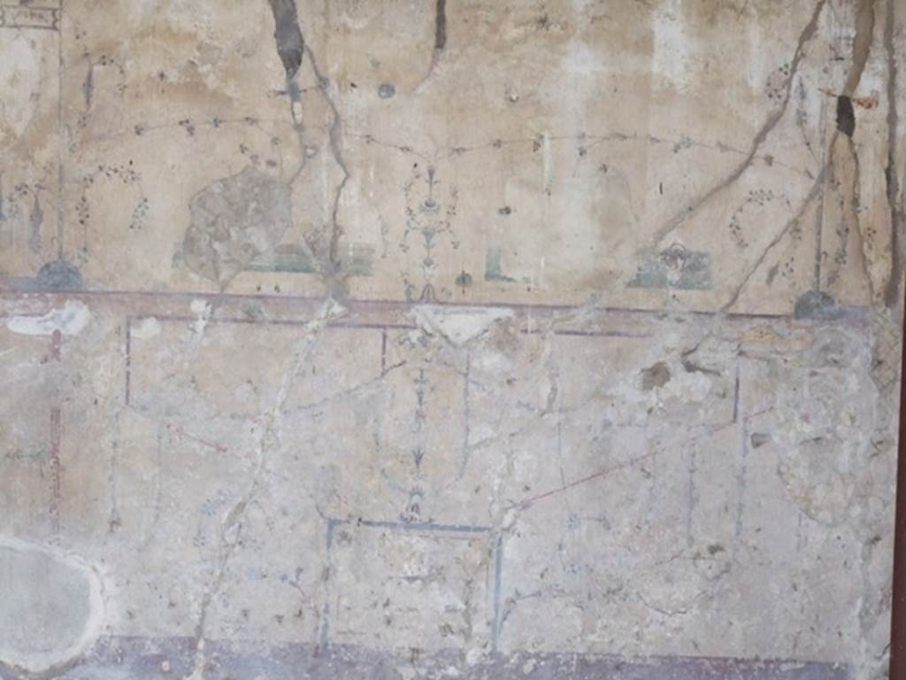 IX.8.6 Pompeii. March 2009. Room 57, north wall of white triclinium. In the predella, in the centre of the photo, are the remains of the paintings of pygmies gathering the grapes.