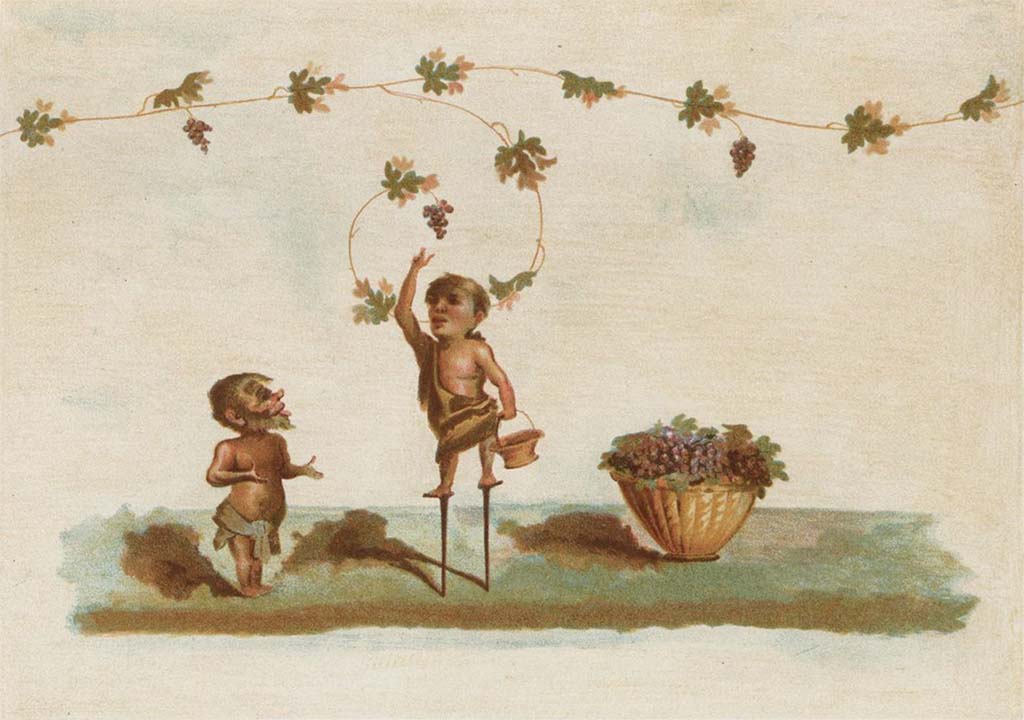 IX.8.6 Pompeii. Room 57, drawing of wall painting of pygmies gathering the grapes, from west side of centre of north wall.
See Niccolini F, 1890. Le case ed i monumenti di Pompei: Volume Terzo. Napoli. Casa del Centenario (Tav. IV).