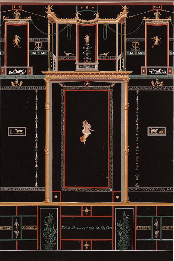 IX.8.6 Pompeii. Room 11, painting by Niccolini showing detail from north wall.
See Niccolini F, 1896. Le case ed i monumenti di Pompei: Volume Quarto. Napoli, Supplemento, Tav. XXIX.