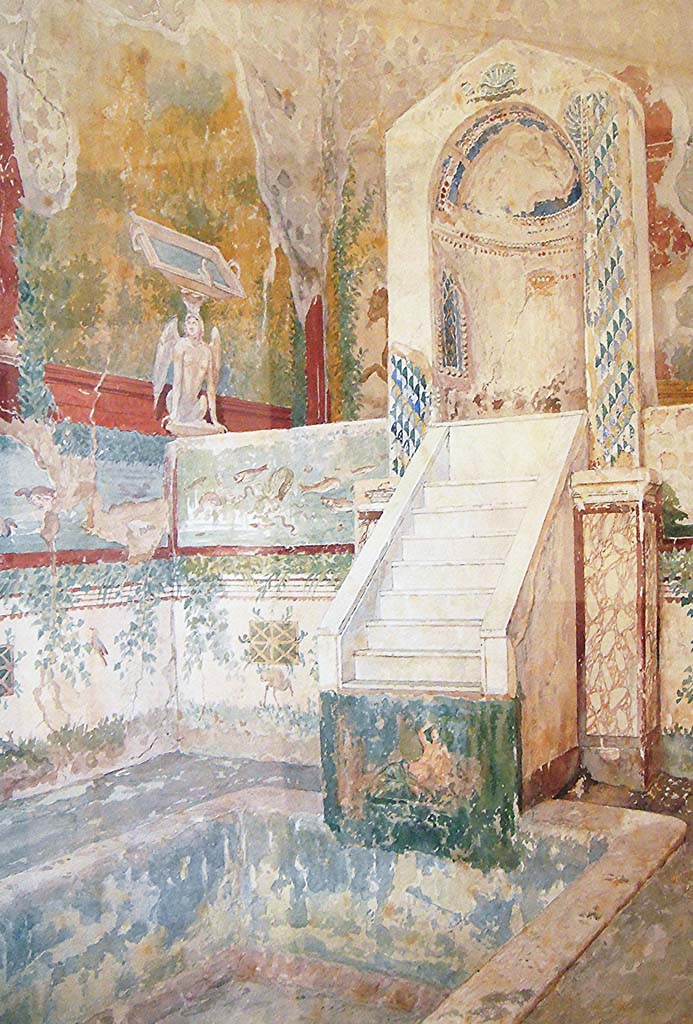 IX.8.6 Pompeii. 12th October 1901. Watercolour by Luigi Bazzani.
Looking towards south-east corner of nymphaeum.
Now in Naples Archaeological Museum, inv. no. 139412.