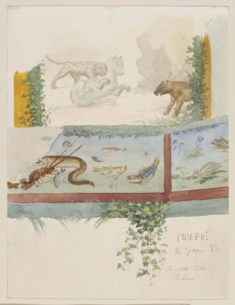 IX.8.6 Pompeii. 11th June 1882. Watercolour by Luigi Bazzani, showing details of painted walls in south-west corner. 
Photo © Victoria and Albert Museum. Inventory number 1077-1886.