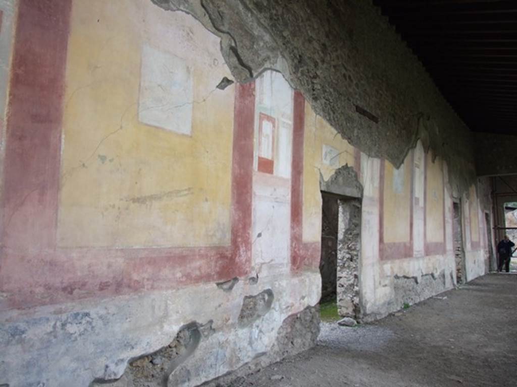 IX.8.6 Pompeii. March 2009. West portico, looking north. 
For description and location of painted panels, see Bullettino dell’Instituto di Corrispondenza Archeologica (DAIR), 1882, pages 104-116.