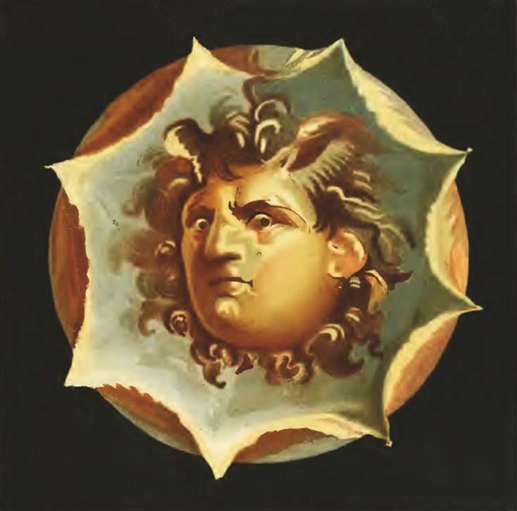 IX.8.6 Pompeii. 1881 painting of head of Borea from peristyle.
See Presuhn E., 1882. Pompeji: Die Neuesten Ausgrabungen  von 1874 bis 1881. Leipzig: Weigel. VIII Taf. VI.