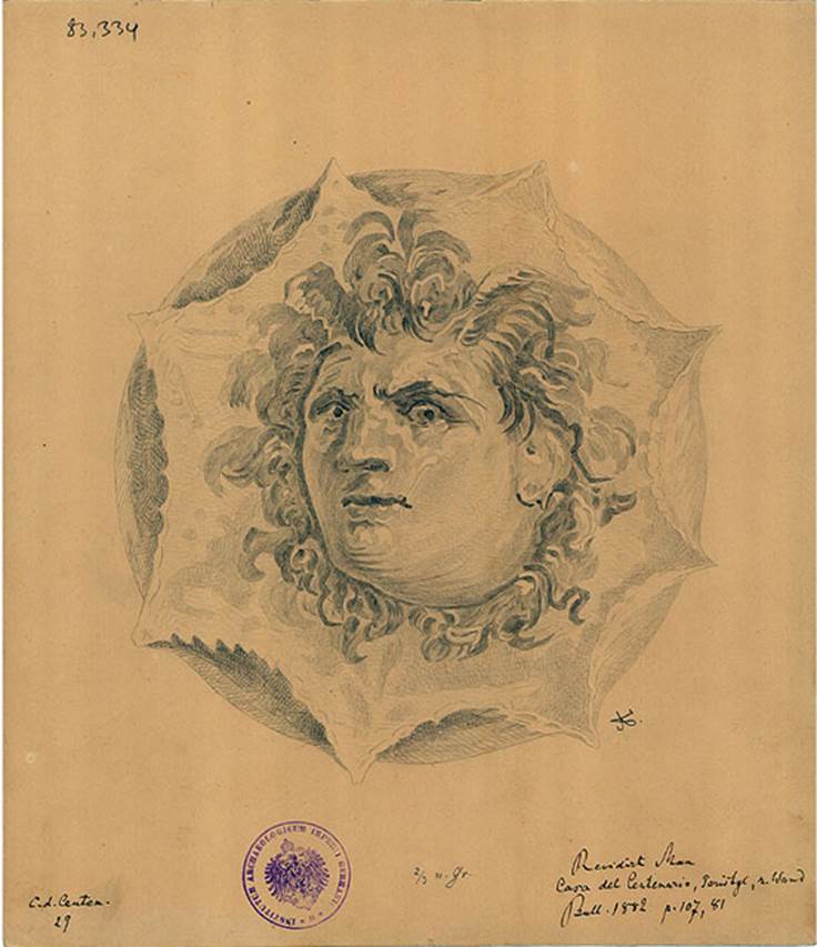 IX.8.6 Pompeii. Drawing of head of Borea, the north wind, from peristyle.
See BdI, 1882, p.107, no.81.
DAIR 83.334. Photo © Deutsches Archäologisches Institut, Abteilung Rom, Arkiv.
See http://arachne.uni-koeln.de/item/marbilderbestand/236078