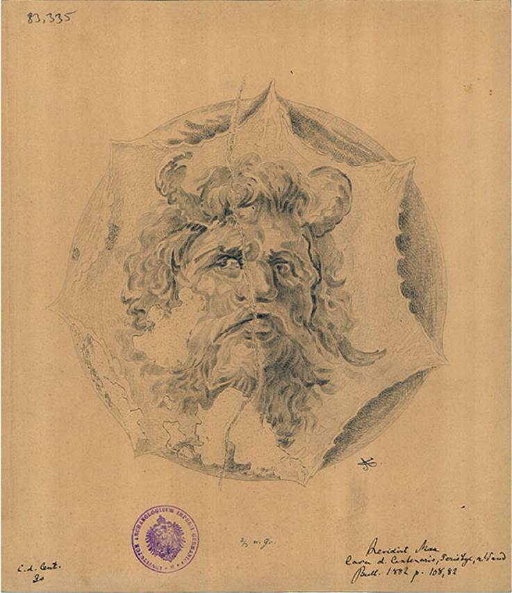 IX.8.6 Pompeii. Drawing of head of Oceanus, the wind of water deities, nymphs, rivers fountains and lakes, from peristyle.
See BdI, 1882, p. 108, no.82.
DAIR 83.335. Photo © Deutsches Archäologisches Institut, Abteilung Rom, Arkiv.
See http://arachne.uni-koeln.de/item/marbilderbestand/236079