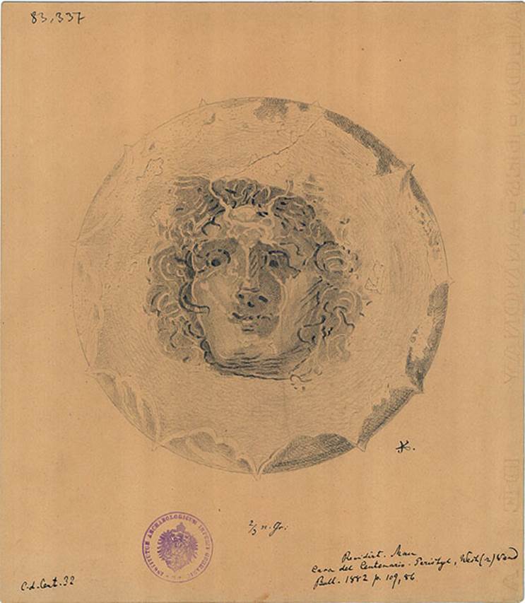 IX.8.6 Pompeii. Drawing of head of Apeliotes (Subsolanus), the south-east wind, from peristyle.
See BdI, 1882, p. 109, no.86.
DAIR 83.337. Photo © Deutsches Archäologisches Institut, Abteilung Rom, Arkiv.
See http://arachne.uni-koeln.de/item/marbilderbestand/236081