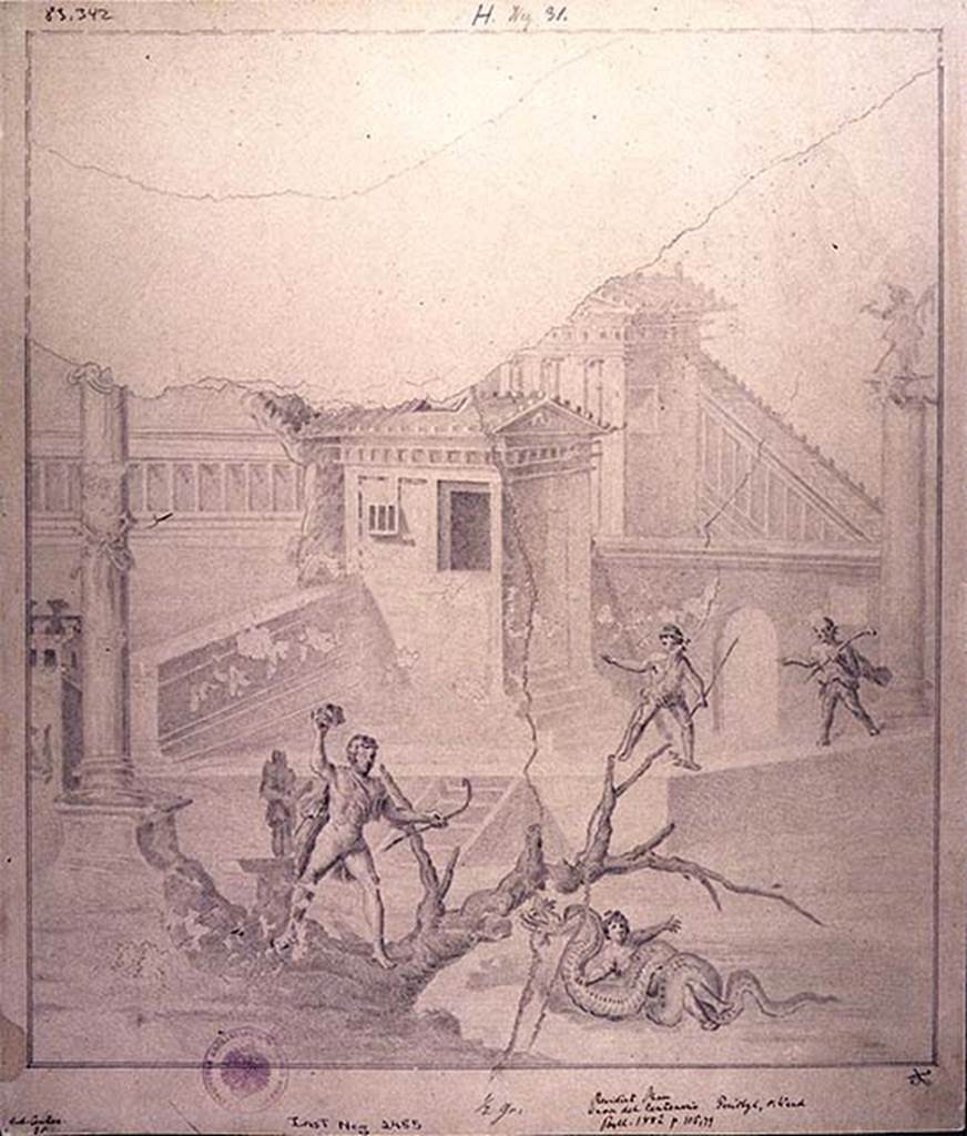 IX.8.6 Pompeii. Drawing of wall painting of the liberation of Hesione, from the west portico of the peristyle.
DAIR 83.342. Photo © Deutsches Archäologisches Institut, Abteilung Rom, Arkiv. 
See http://arachne.uni-koeln.de/item/marbilderbestand/236086