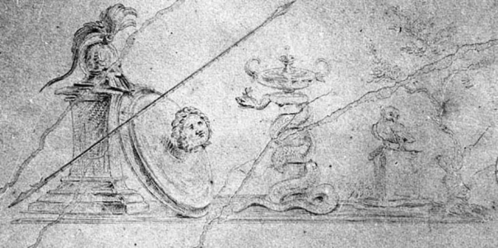 IX.8.6 Pompeii. W.1450. Drawing of wall painting of attributes of Minerva, from peristyle.
Photo by Tatiana Warscher. Photo © Deutsches Archäologisches Institut, Abteilung Rom, Arkiv.
