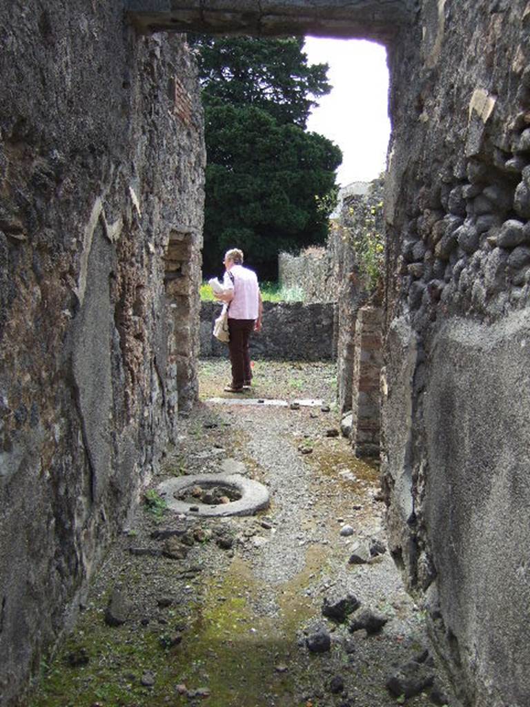 IX.9.6 Pompeii. May 2006. Looking south to portico and garden with doorway to triclinium on left. The doorways to latrine and kitchen are on the right.
