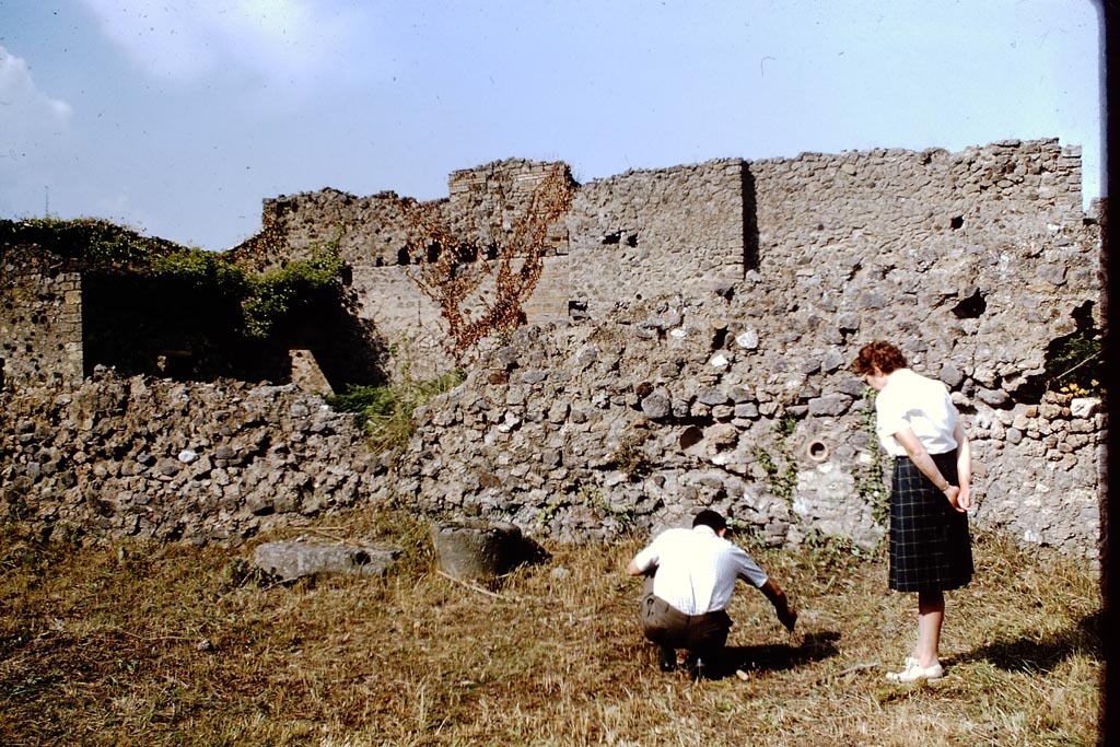 IX.9.6/10 Pompeii. 1964. West side of garden area. The flat block on the left in front of the wall is a money chest base. 
Photo by Stanley A. Jashemski.
Source: The Wilhelmina and Stanley A. Jashemski archive in the University of Maryland Library, Special Collections (See collection page) and made available under the Creative Commons Attribution-Non Commercial License v.4. See Licence and use details.
J64f1240