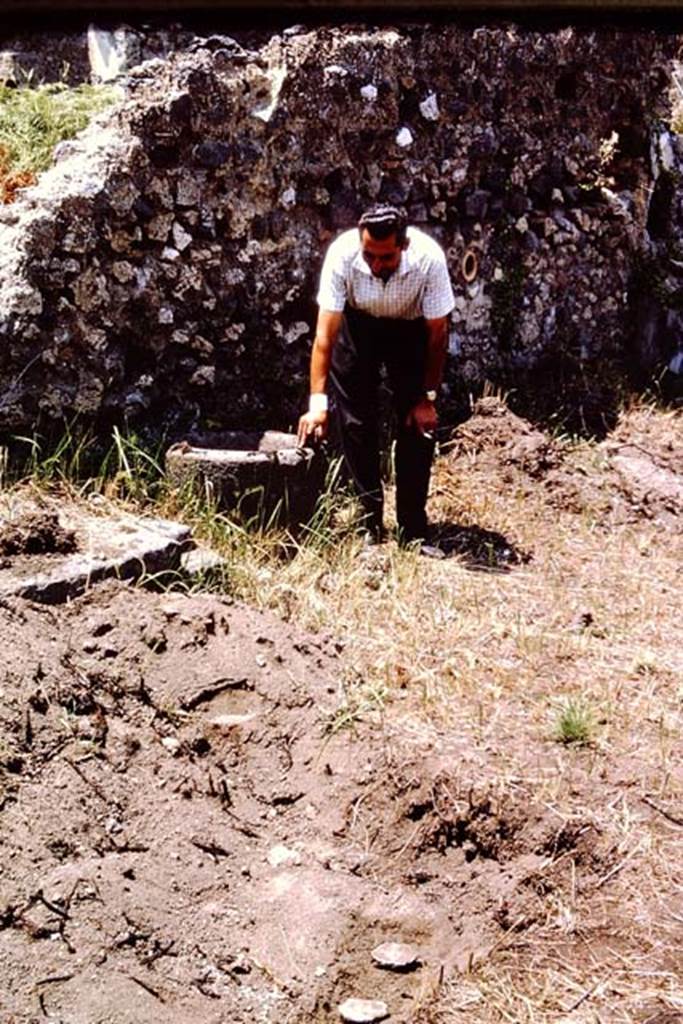 IX.9.6/10 Pompeii. 1964. Pot near the west wall, and some filled root cavities, partly dug out after three days. 
On the left is a money chest base. Photo by Stanley A. Jashemski.
Source: The Wilhelmina and Stanley A. Jashemski archive in the University of Maryland Library, Special Collections (See collection page) and made available under the Creative Commons Attribution-Non Commercial License v.4. See Licence and use details.
J64f2042