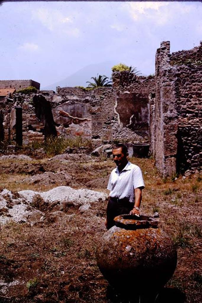 IX.9.6/10 Pompeii. 1964. Sig. Sicignano with dolium, looking towards north-east corner of garden/vineyard.   Photo by Stanley A. Jashemski.
Source: The Wilhelmina and Stanley A. Jashemski archive in the University of Maryland Library, Special Collections (See collection page) and made available under the Creative Commons Attribution-Non Commercial License v.4. See Licence and use details.
J64f2040