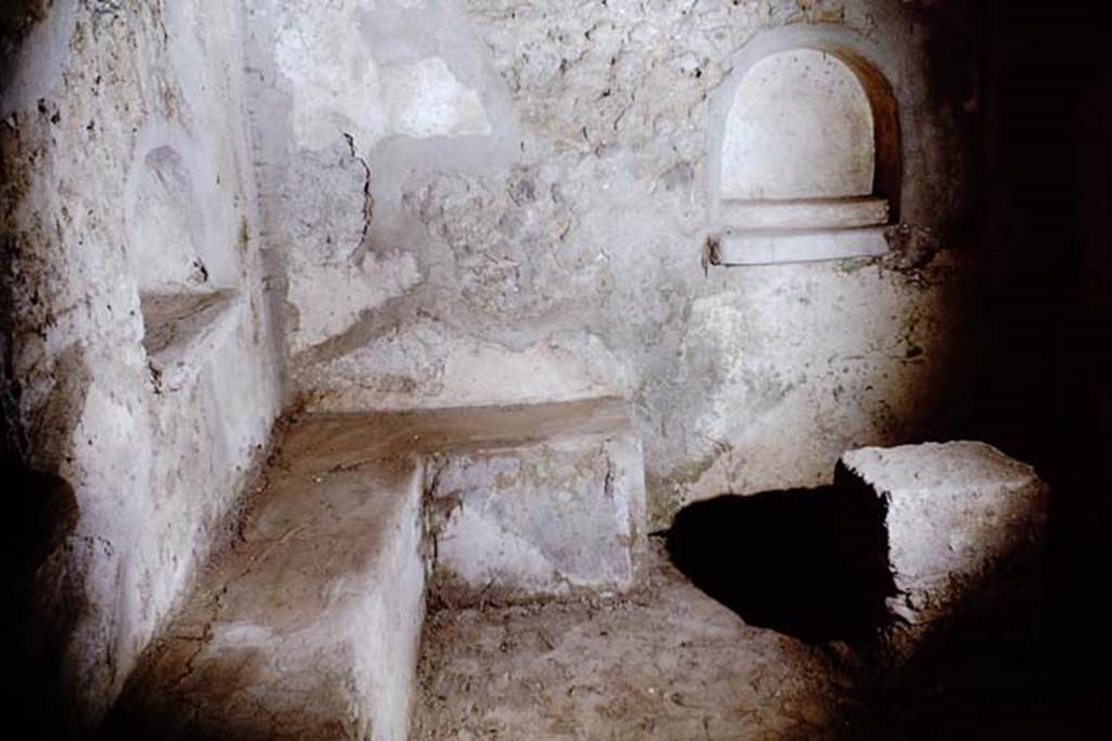 IX.9.10 Pompeii. 1966. North-east corner and east wall, with altar.  Photo by Stanley A. Jashemski.
Source: The Wilhelmina and Stanley A. Jashemski archive in the University of Maryland Library, Special Collections (See collection page) and made available under the Creative Commons Attribution-Non Commercial License v.4. See Licence and use details.
J66f0348