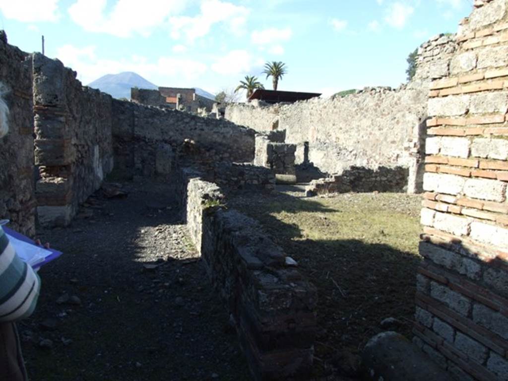 IX.9.a Pompeii. March 2009. Looking north along wide passageway of garden area. According to Jashemski, the garden had a wide covered passageway on the north and west, supported by stuccoed masonry pillars.
In the south-west corner was a single tufa column. See Jashemski, W. F., 1993. The Gardens of Pompeii, Volume II: Appendices. New York: Caratzas. (p.246)