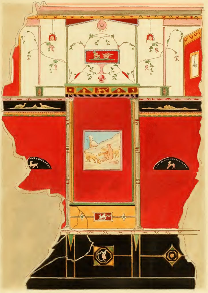 IX.9.c Pompeii. c. early 1900’s. Painting by Pierre Gusman of west wall of cubiculum, described as variety of III Style.
See Gusman P., 1924. La Décoration Murale de Pompei. Paris : Morancé, pl. XV.
