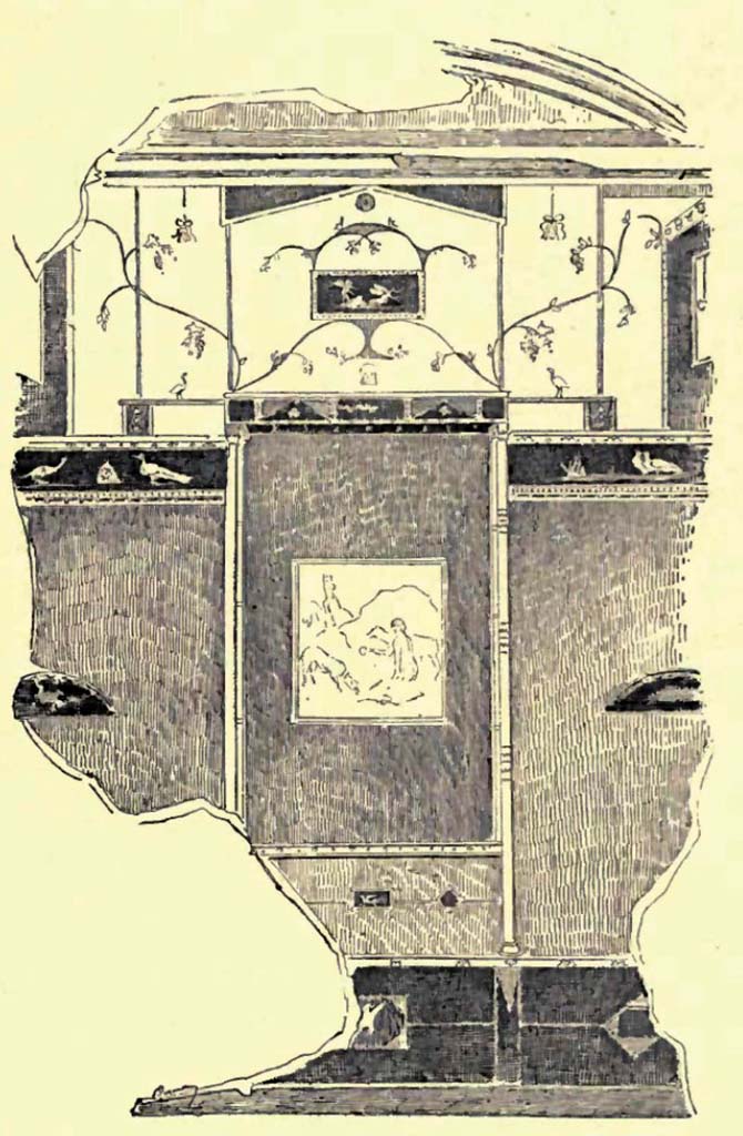IX.9.c Pompeii. c. 1900. Drawing/Painting by Pierre Gusman of west wall of cubiculum. 
Gusman describes it as Decoration: Third style, Black Dado; Red Panels; White, Red and Black Frieze.
See Gusman P., 1900. Pompeii: The City, Its Life & Art. London: Heinemann, p. 325.