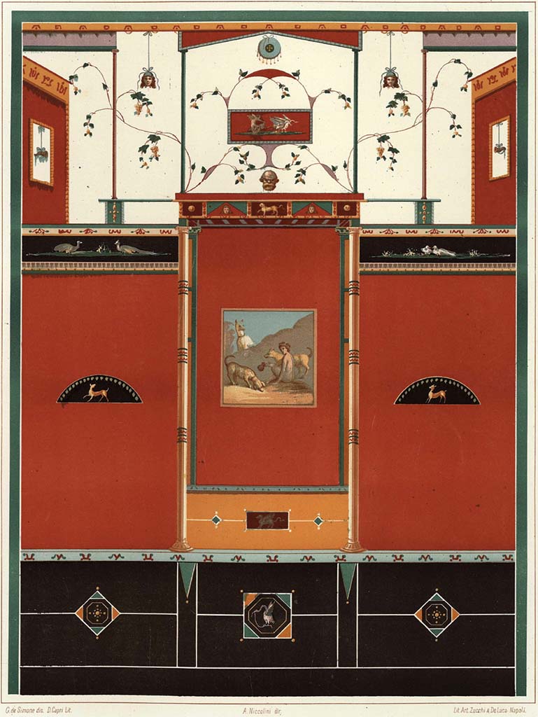 IX.9.c Pompeii. Pre-1896. Painting by Niccolini showing west wall of cubiculum.
See Niccolini F, 1896. Le case ed i monumenti di Pompei: Volume Quarto. Napoli. Nuovi Scavi, described on p.37, Tav. IV.