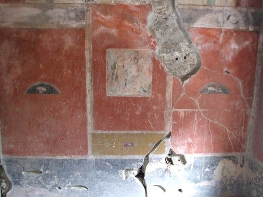 IX.9.c Pompeii. March 2009. East wall of cubiculum.  According to NdS, in the central panel of the east wall was a painting (0.42 high x 0.41 wide) which showed a winged Nike and trophaion. In the side panels were lunettes on a black background showing animals with their young. The lower plinth or dado (zoccolo) was black.
See Notizie degli Scavi, 1889, p.127.