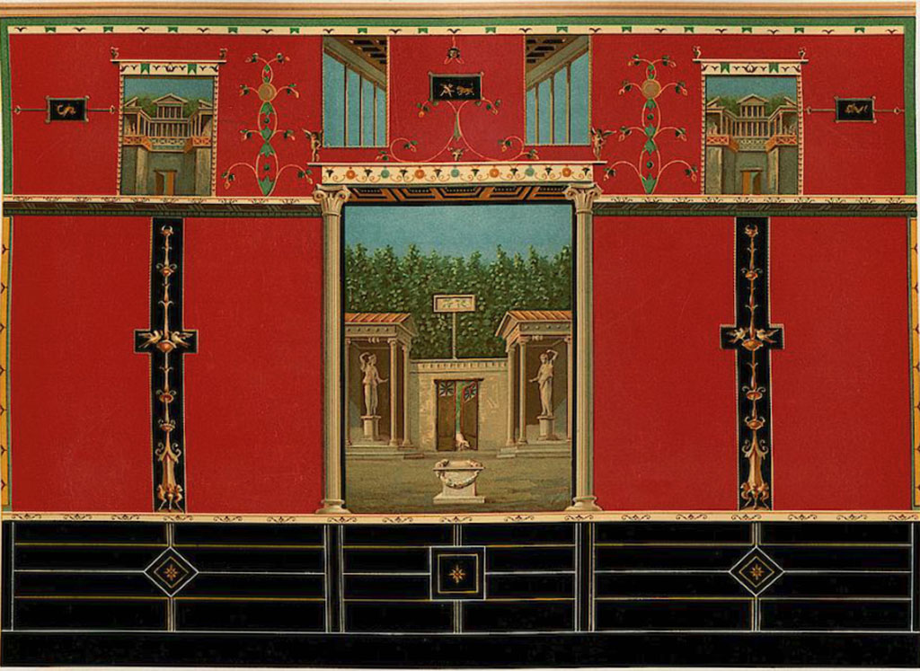 IX.9.c Pompeii. 1896 painting of south wall of triclinium, with sanctuary with colonnades and statues of divinities.
See Niccolini F, 1896. Le case ed i monumenti di Pompei: Volume Quarto. Napoli. 2, pl.15.