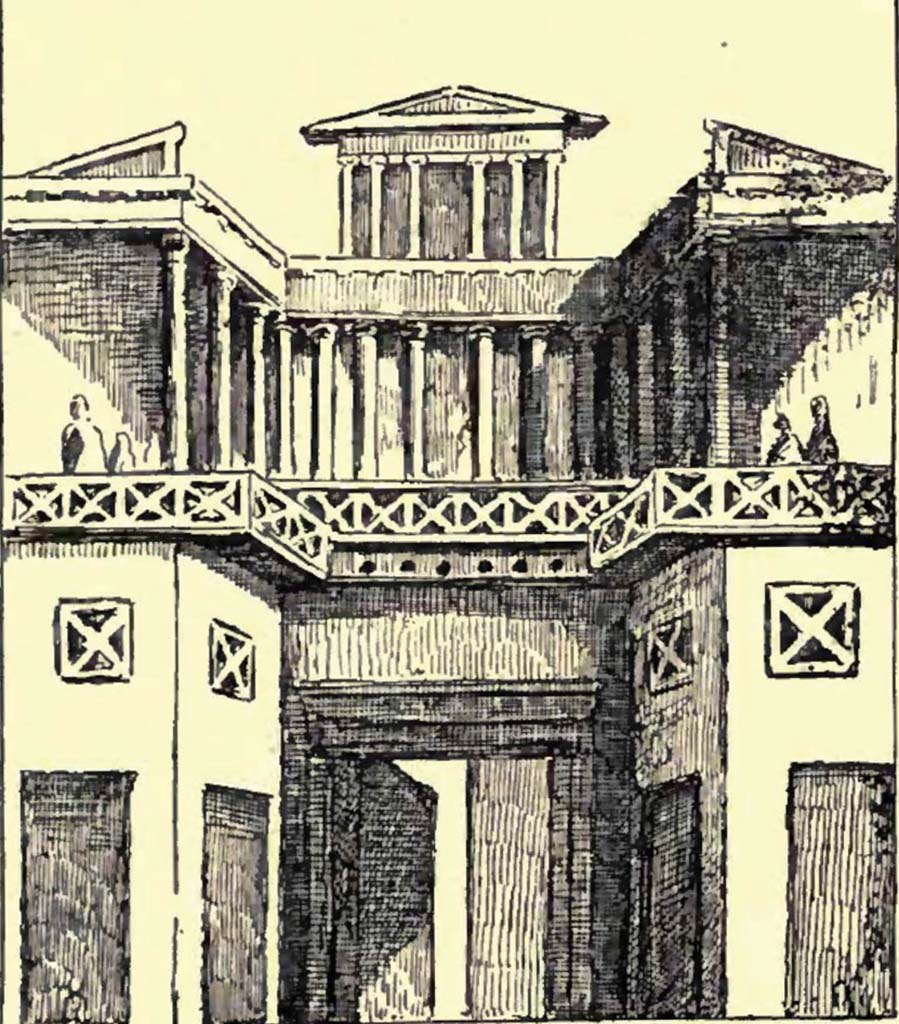 IX.9.c Pompeii. c.1900. Drawing by Pierre Gusman of a painting from the upper east end in the oecus/triclinium.
See Gusman P., 1900. Pompeii: The City, Its Life & Art. London: Heinemann, p. 260.