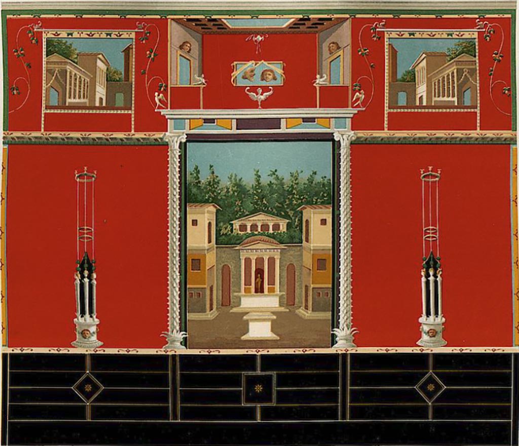 IX.9.c Pompeii. 
1896 reproduction of west wall of triclinium, with central painting of a sanctuary with a statue of a divinity, but without figures.
See Niccolini F, 1896. Le case ed i monumenti di Pompei: Volume Quarto. Napoli. 2, pl.17.