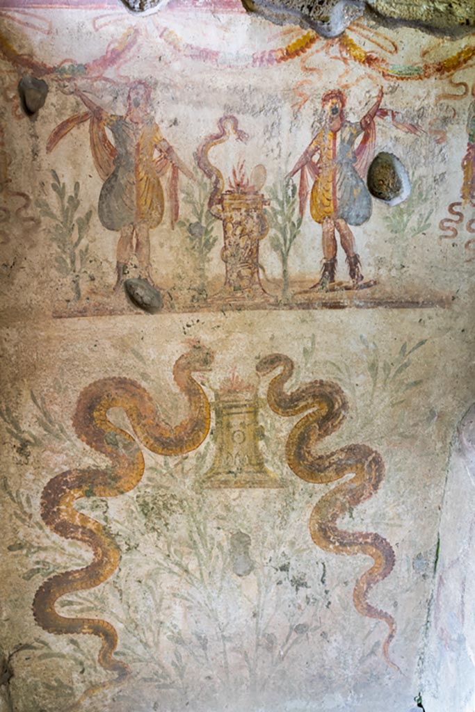 IX.9.c Pompeii. March 2023. 
Lararium on north wall of kitchen. Photo courtesy of Johannes Eber.