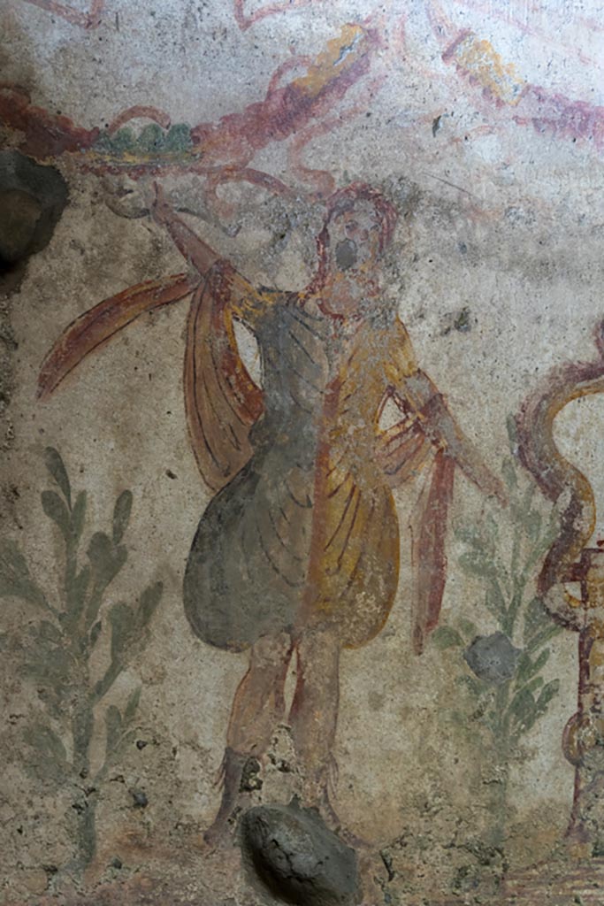 IX.9.c Pompeii. March 2023. 
Detail of Lar on west side of painted altar. Photo courtesy of Johannes Eber.