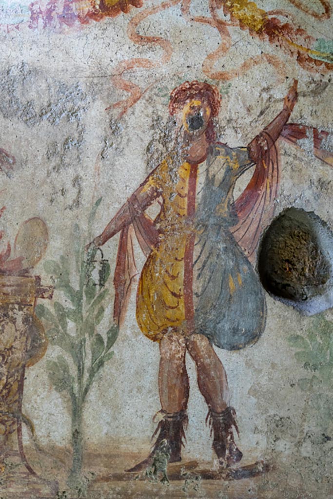 IX.9.c Pompeii. March 2023. 
Detail of Lar on east side of painted altar. Photo courtesy of Johannes Eber.
