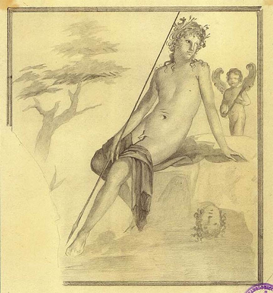 IX.9.d  Pompeii. Room f, tablinum. Sketch of painting of Narcissus.
DAIR 83.385. Photo © Deutsches Archäologisches Institut, Abteilung Rom, Arkiv. See http://arachne.uni-koeln.de/item/marbilder/5343225