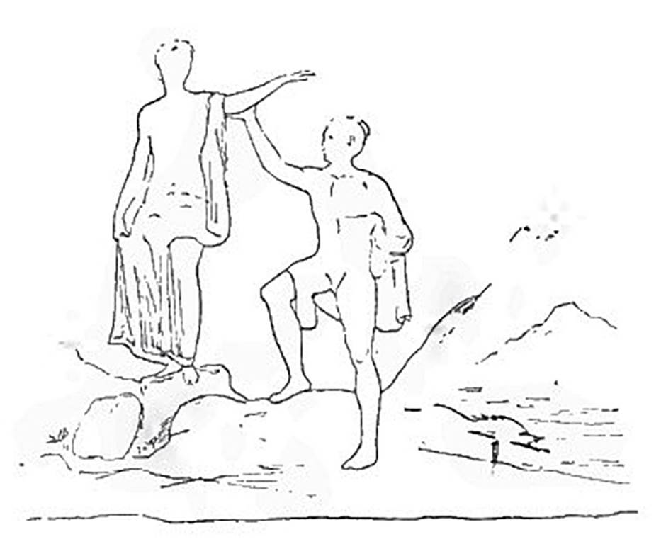 IX.9.d Pompeii. Sketch of painting of Perseus and Andromeda, found on the rear wall of the triclinium l. 
See Mau, A., 1890. Mitteilungen des Kaiserlich Deutschen Archaeologischen Instituts, Roemische Abtheilung Volume V. (p. 233). Note: The insula is referred to as IX.7.