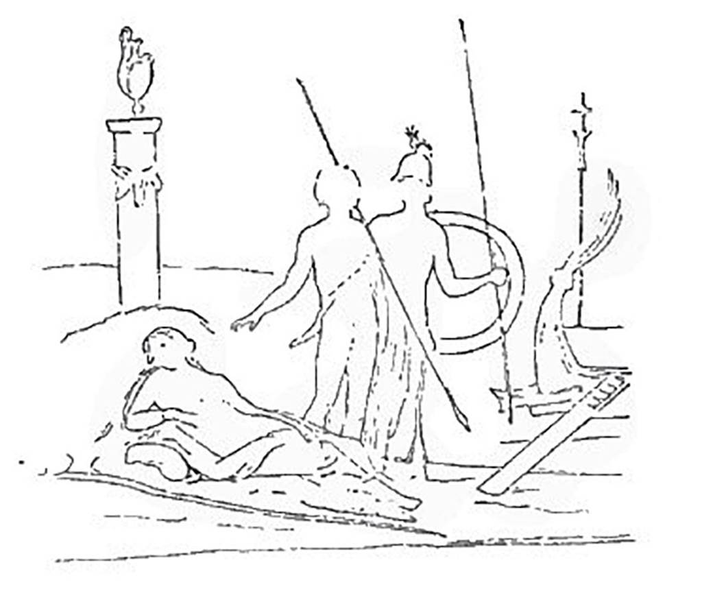 IX.9.d Pompeii. Sketch of painting of Theseus abandoning Ariadne, found on the left wall of the triclinium l.
See Mau, A., 1890. Mitteilungen des Kaiserlich Deutschen Archaeologischen Instituts, Roemische Abtheilung Volume V. (p. 233-4). 
Note: The insula is referred to as IX.7.
