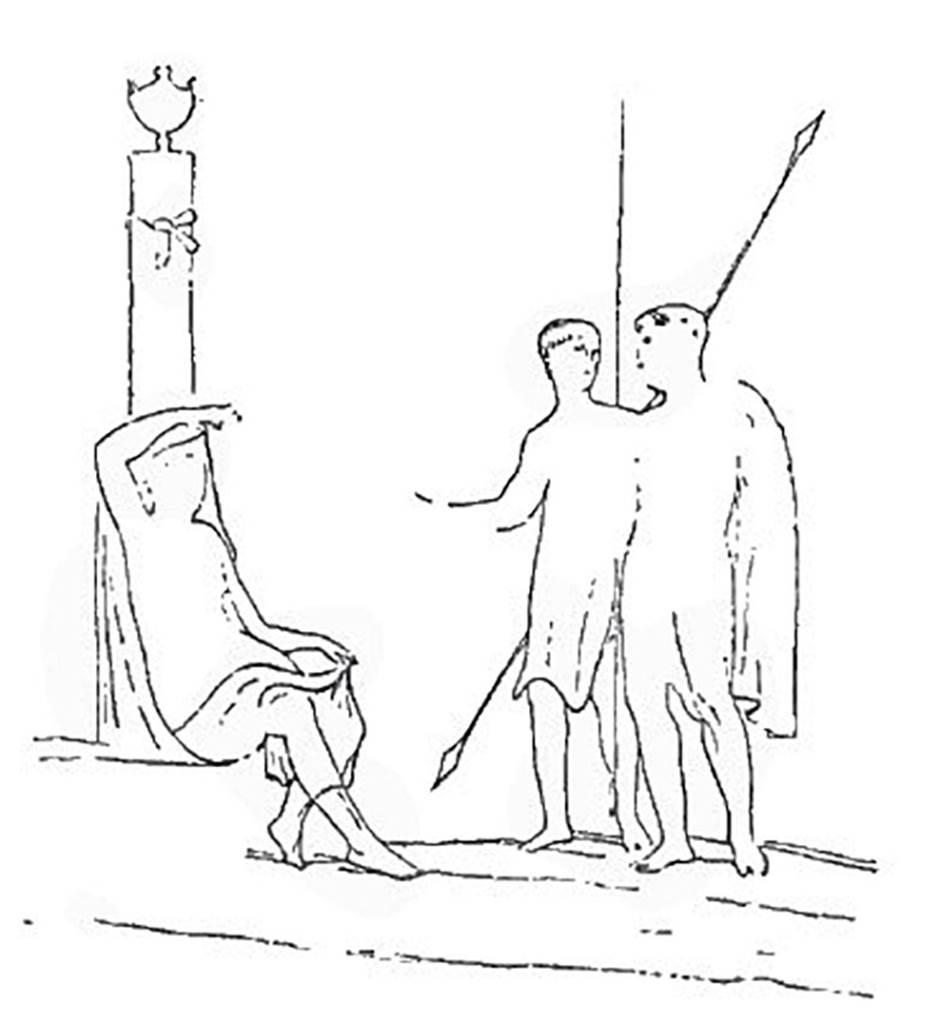 IX.9.d Pompeii. Sketch of painting of unidentified subject, found on the left wall of the triclinium l.
See Mau, A., 1890. Mitteilungen des Kaiserlich Deutschen Archaeologischen Instituts, Roemische Abtheilung Volume V. (p. 232-3). 
Note: The insula is referred to as IX.7.