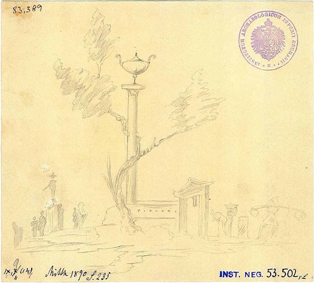 IX.9.d Pompeii. Room k. West wall. Drawing of sacred landscape painting with a sacred portal and a tree entwined round a column with an urn at its top. 
On the right is a group of travellers including a woman with a basket and a man carrying a balanced load. 
On the left is a group of offerants around a statue.
DAIR 83.389. Photo © Deutsches Archäologisches Institut, Abteilung Rom, Arkiv. 
See Schefold, K., 1957. Die Wände Pompejis. Berlin: De Gruyter, p. 283. 
See Carratelli, G. P., 1990-2003. Pompei: Pitture e Mosaici: Vol. X. Roma: Istituto della enciclopedia italiana, p. 83 no. 27.