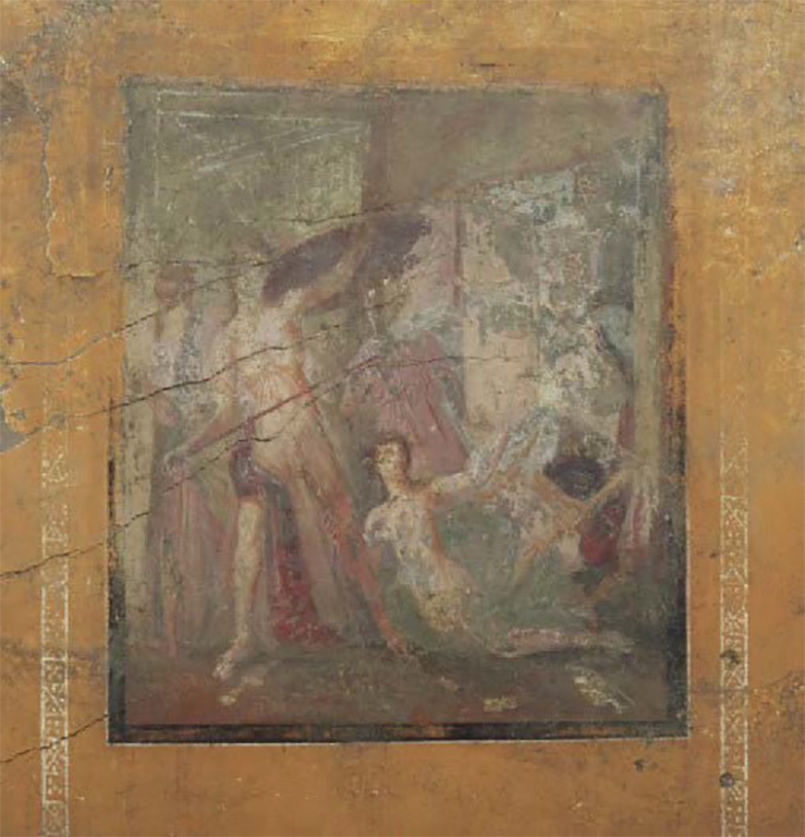 IX.10.1 Pompeii. September 2023. Tablinum 14. South wall. Painting of Achilles on Skyros.
IX.10.1 Pompei. Settembre 2023. Tablino 14. Parete sud. Quadro con Achille a Sciro.
See PAP e-journal 3, 24.03.2024, p. 5-6, fig. 12. Download: PAP E-Journal 03 25.03.2024
Photograph © Parco Archeologico di Pompei.