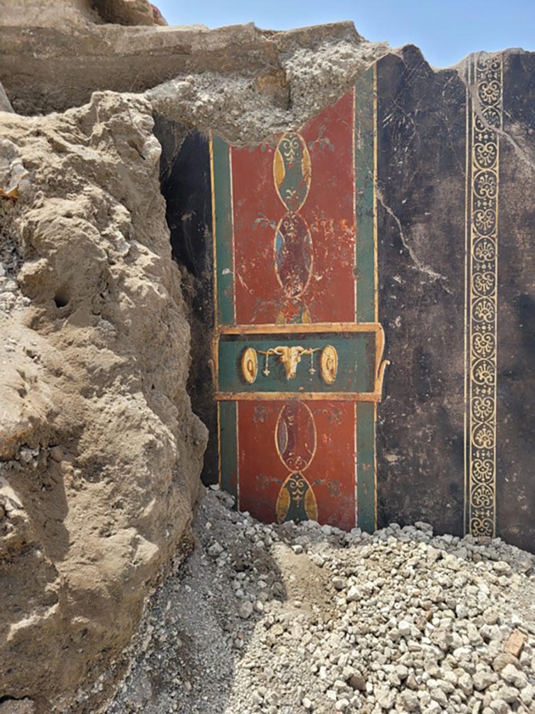 IX.10.1 Pompeii. June 2023. Atrium 2 west wall. Geometric decoration and garlanded ox skull to south of the still life.
IX.10.1 Pompeii. Giugno 2023. Atrio 2 parete ovest. Decorazione geometrica e bucranio inghirlandato a sud della natura morta. 
Photograph © Parco Archeologico di Pompei.