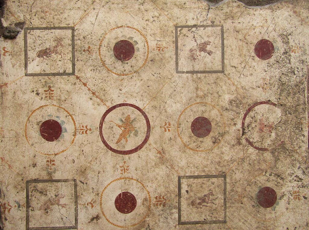 IX.10.1 Pompeii. May 2023. Cubiculum 8.
IX.10.1 Pompei. Maggio 2023. Cubiculum 8
Photograph © Parco Archeologico di Pompei.
Room 8 has a clay-based cement floor decorated with limestone flakes, and 4th style walls. The zoccolo shows a fake marble decoration with mirrors on a yellow background, framed by bands where reds and blacks predominate which seem to recall African marble. A red border distinguishes the plinth from a low podium adorned with alternating black and white diagonal bands, which, in a schematic and stylized way, imitate a marble covering. The median area, with a white background, is divided into a grid through thin yellow shoots; at the junction points of the shoots, squares in grey and rounds in amaranth alternate, the former decorated with animals, both herbivorous and carnivorous, gradients or rampant towards the right, the latter decorated with rosettes, cupids or other figures in flight (Fig. 5) . At the centre of each square created by the grid is a round amaranth often surrounded by a crown of petals and framed by a stylized yellow vegetal circle towards which four palmettes turn. On the southern wall, off-centre and overpainted, there is a painting which presents the myth of Apollo and Daphne.
See Pompeii E-Journal 06 28.09.2023, p. 62, fig. 5. Download: PAP e-journals 2023 collection volumes 01-09