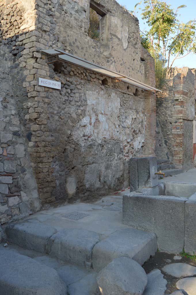 IX.11.1 Pompeii. October 2017. 
Looking north-east towards front façade of house on west side of entrance doorway, with steps.
House with street shrine and fountain outside.
Foto Taylor Lauritsen, ERC Grant 681269 DÉCOR.